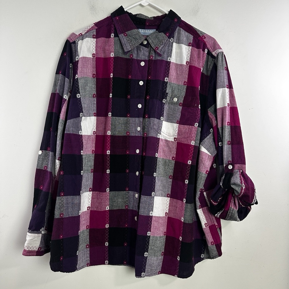 Liz & Me Button Up Shirt Roll Tab Sleeve Womens 2X Purple Plaid Embroidered
